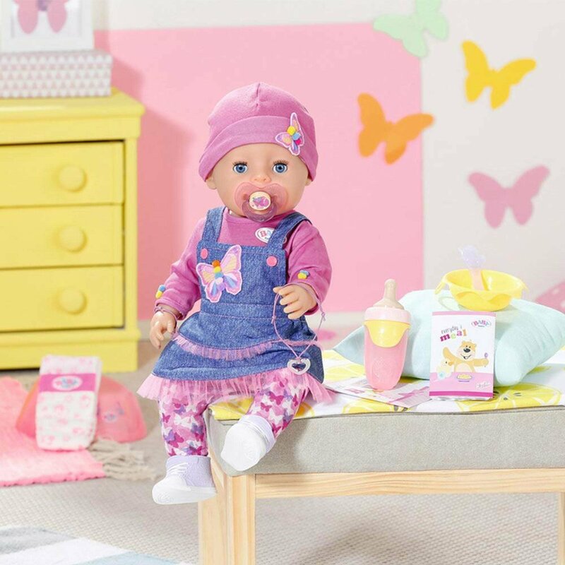 Zapf creation - baby born-papusa interactiva cu sarafan de blugi - 43 cm
