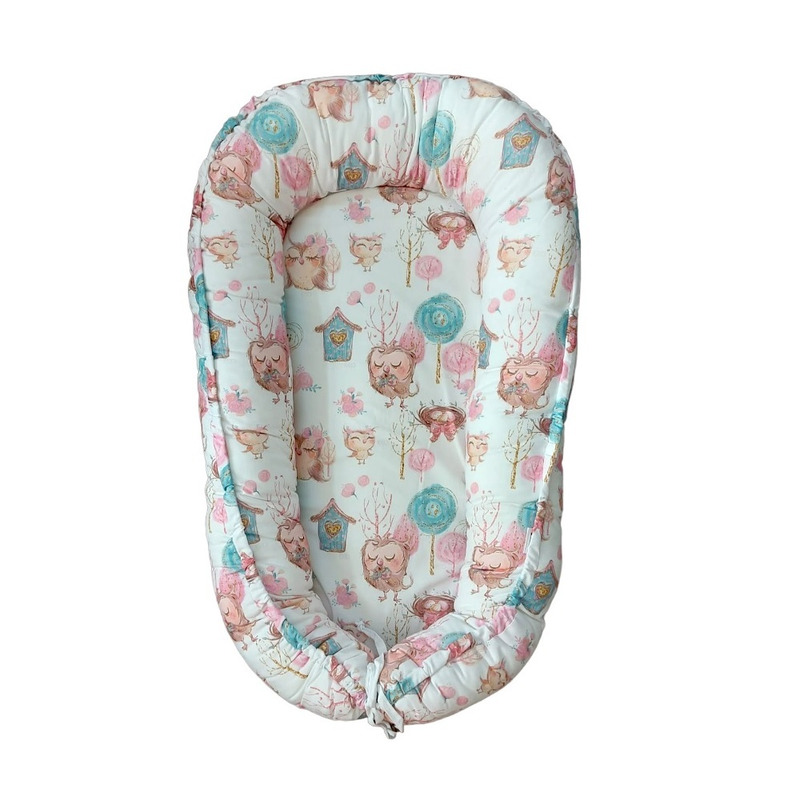 Baby nest din bumbac, eko, pink owls
