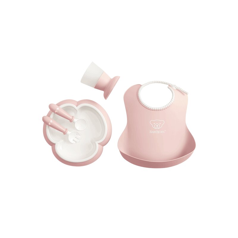 BabyBjorn - Set de masa Powder Farfurie, Tacamuri, Pahar, Bavetica, Roz