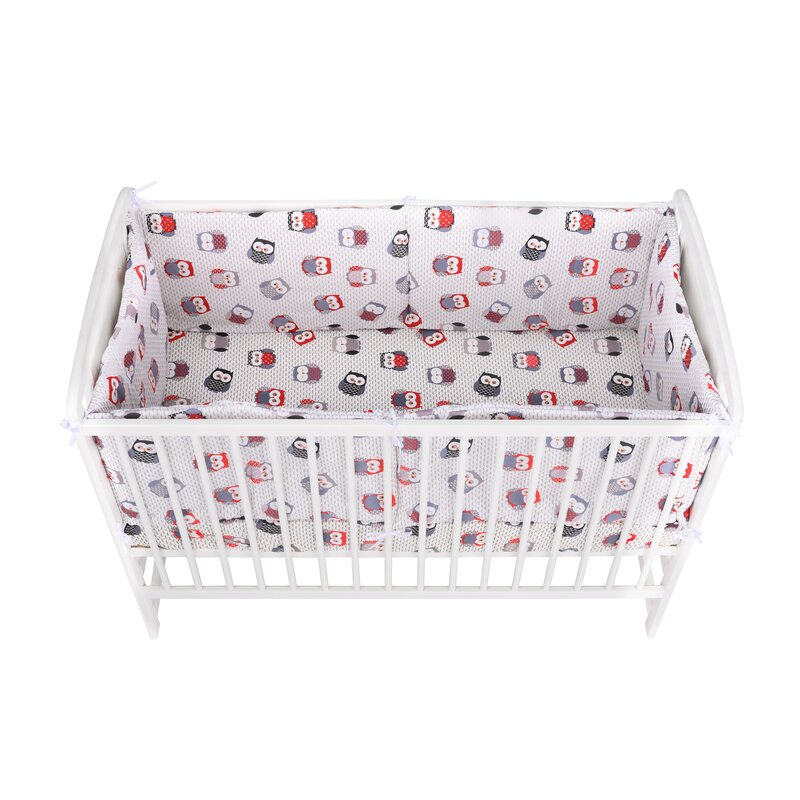 BabyNeeds - Lenjerie patut 3 piese, Cu doua protectii laterale, Cerceaf, Din bumbac, Pentru patut 120x60 cm, Bufnite, Gri-Rosu