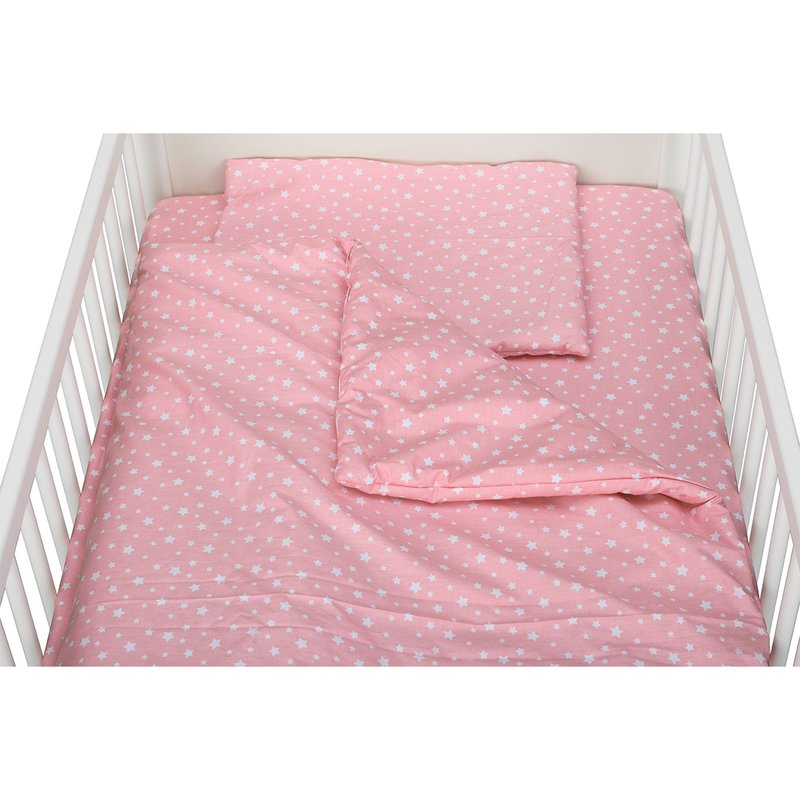 Babyneeds - lenjerie patut 3 piese, cu pernuta, plapumioara, cearceaf, din bumbac, pentru patut 140x70 cm, roz cu stelute albe
