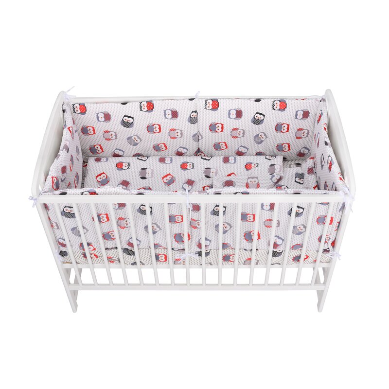 BabyNeeds - Lenjerie patut 5 piese, Cu doua protectii laterale, Pernuta, Plapumioara, Cearceaf, Din bumbac, Pentru patut 120x60 cm, Bufnite, Gri-Rosu