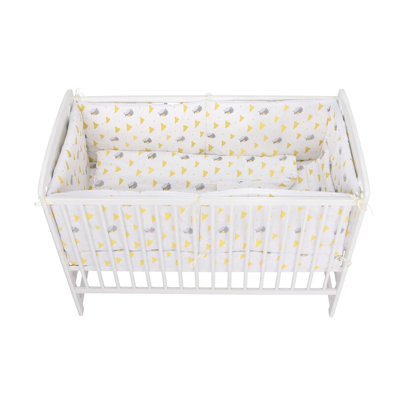 BabyNeeds - Lenjerie patut 5 piese, Cu doua protectii laterale, Pernuta, Plapumioara, Cearceaf, Din bumbac, Pentru patut 120x60 cm, Vrabiute, Gri-Galben