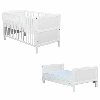 Patut din lemn bebe, Transformabil, 140x70 cm, Lemn de pin si mdf, Alb, Babyneeds, Nadia