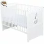 Patut din lemn bebe, Transformabil si pentru junior, 120x60 cm, Din lemn de pin si mdf, Stabil si rezistent, Inaltime saltea reglabila pe 3 nivele, Laterala cu 3 bete detasabile, EN716-1, EN716-2, Alb, Babyneeds, Nadia II, Girafa + Saltea 12 cm - 2
