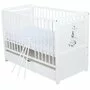 Patut din lemn bebe, Transformabil pentru junior, 120x60 cm, Cu sertar cu capac, Din lemn de pin si mdf, Stabil si rezistent, Inaltime reglabila pe 3 nivele, Laterala cu 3 bete detasabile, EN716-1 EN716-2, Alb, Babyneeds, Nadia II, Girafa + Saltea 12 cm - 10