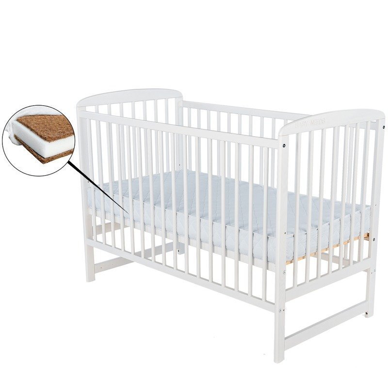 Babyneeds - patut din lemn ola 120x60 cm, din lemn de pin, stabil si rezistent, inaltime saltea reglabila pe 3 nivele, laterala cu 3 bete detasabile, alb + saltea 8 cm