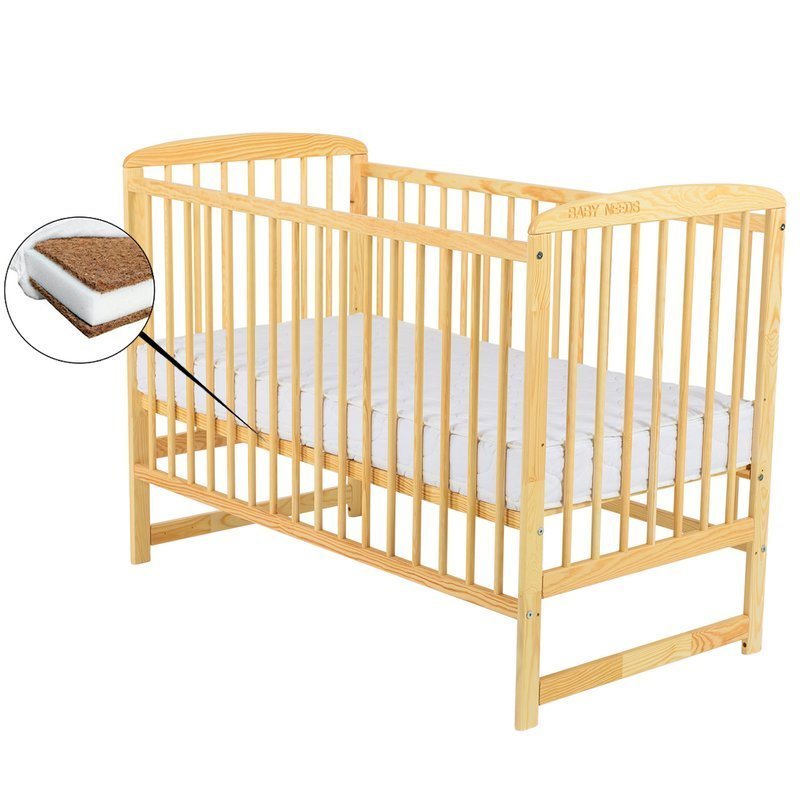 Babyneeds - patut din lemn ola 120x60 cm, din lemn de pin, stabil si rezistent, inaltime saltea reglabila pe 3 nivele, laterala cu 3 bete detasabil, natur + saltea 8 cm