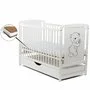 Patut din lemn bebe, 120x60 cm, Cu sertar cu capac, Din lemn de pin si mdf, Stabil si rezistent, Inaltime saltea reglabila pe 3 nivele, Laterala cu 3 bete detasabile, EN716-1, EN716-2, Alb, Babyneeds, Timmi + Saltea 10 cm