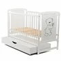 Patut din lemn bebe, 120x60 cm, Cu sertar cu capac, Din lemn de pin si mdf, Stabil si rezistent, Inaltime saltea reglabila pe 3 nivele, Laterala cu 3 bete detasabile, EN716-1, EN716-2, Alb, Babyneeds, Timmi + Saltea 10 cm - 6