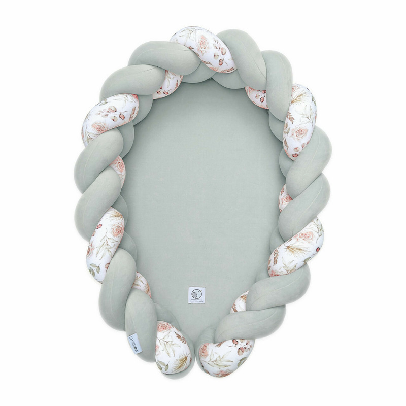 Babynest 2in1 pentru copii, cu margini impletite, din bumbac catifelat, sparrow velvet, eucalipt flowers