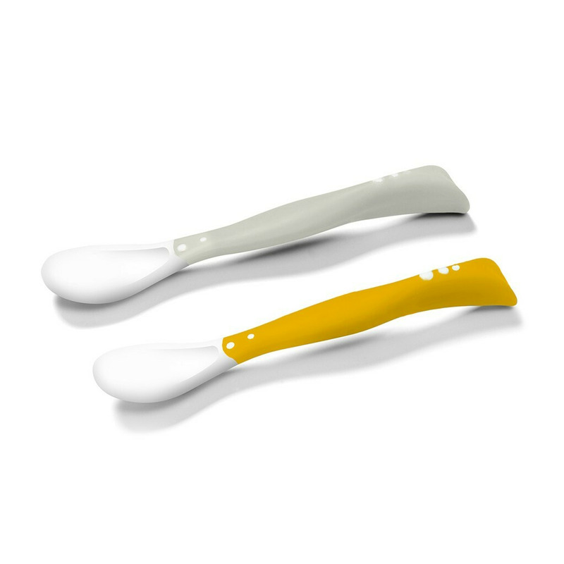 Babyono - set 2 lingurite flexibile unisex, cu memorie, fara bpa, 6 luni+, gri/galben