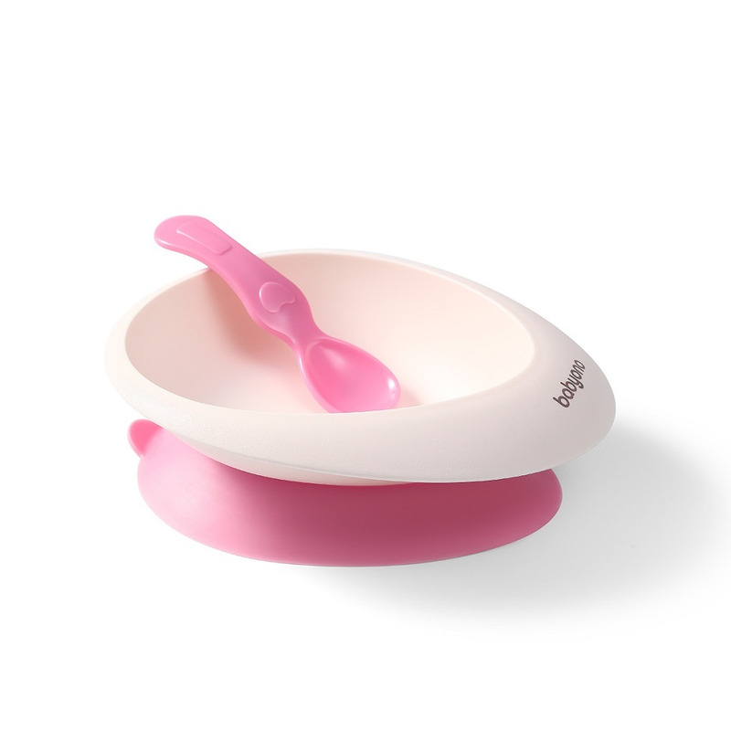 Babyono - set bol cu ventuza si lingura, plastic moale, fara bpa, 230 ml, 6 luni+, roz