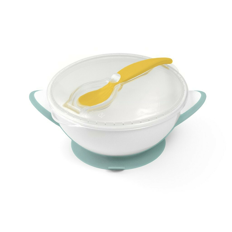 Babyono - set bol cu ventuza si lingura, plastic si silicon, fara bpa, 300 ml, 6 luni+, verde/galben