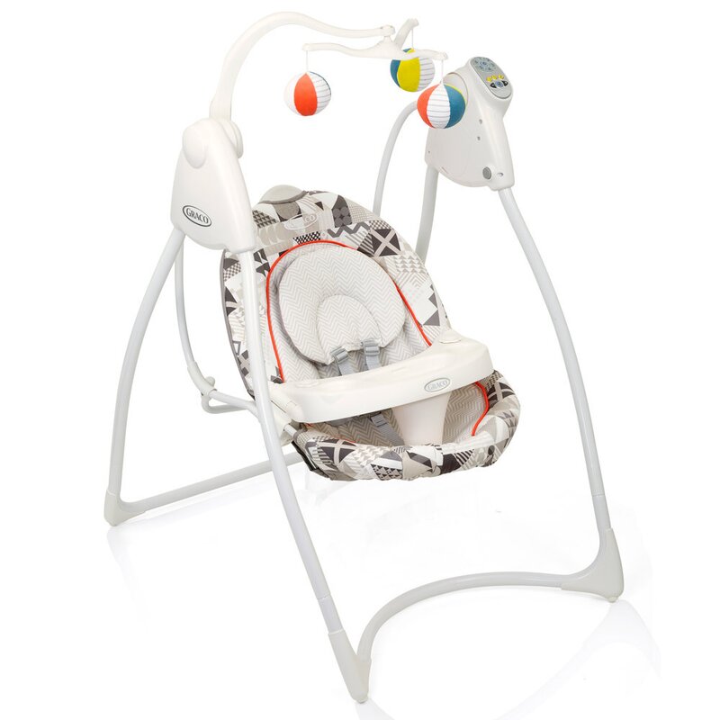 Graco - balansoar lovin hug patchwork pliabil, cu melodii, cu leganare, cu bara detasabila, 88x69 cm, gri