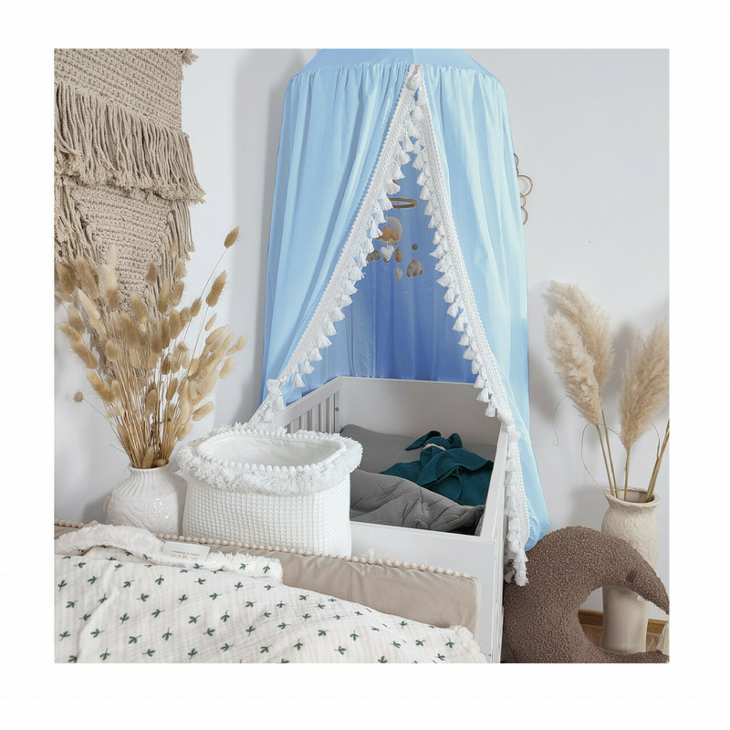 Baldachin din bumbac cambric cu suport metalic de agatat de tavan, pentru patut copii / loc de joaca, koell, boho maxi, albastru