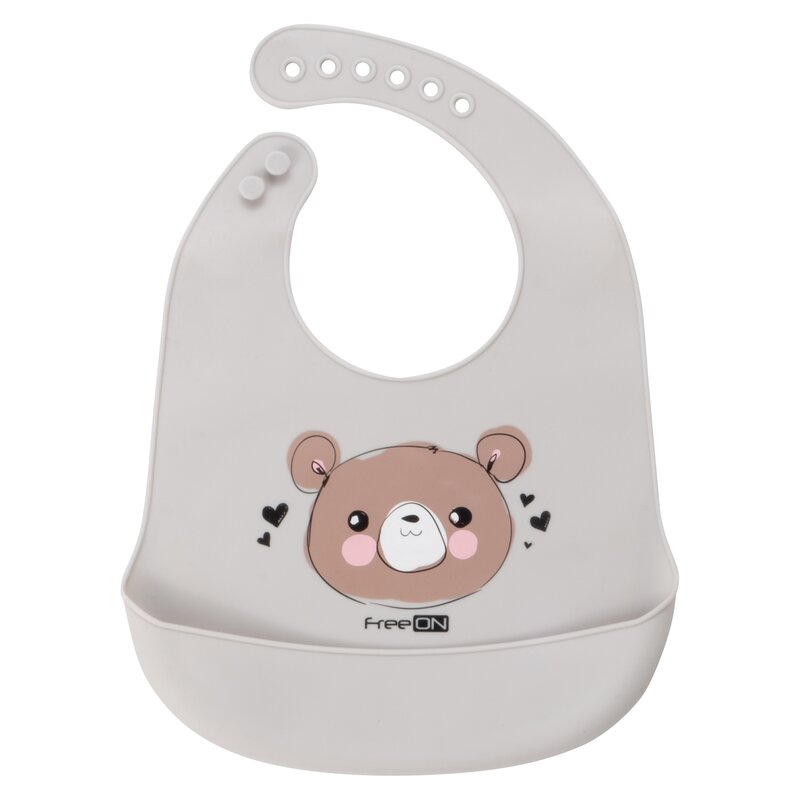 Baveta moale, din silicon, bpa free, cu buzunar, freeon, 31 x 24 cm, bear grey