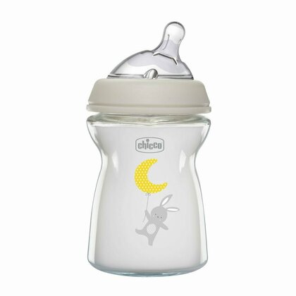 Biberon bebelusi, Chicco, Natural Feeling, Din sticla, Anti-colici, Silicon moale, Ergonomic, 250 ml, Fara BPA, 0 luni+, Gri