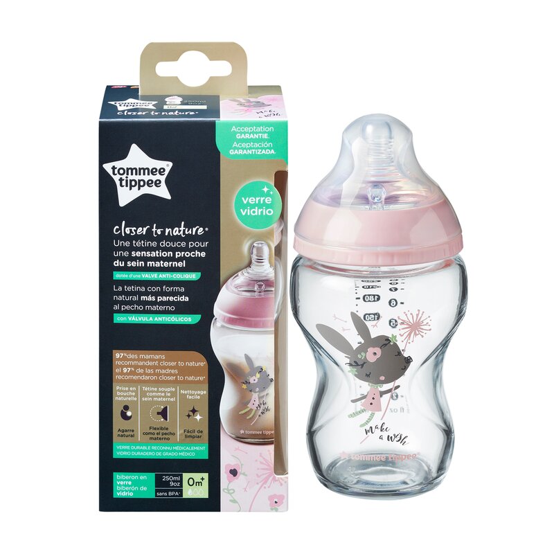 Tommee Tippee - Biberon Closer to Nature , 250 ml, 0luni+ din Sticla, Roz