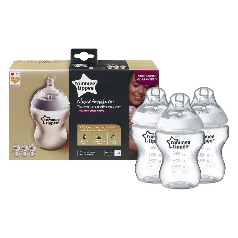 Tommee Tippee - Biberon din PP, Anticolici, 3 buc, 260 ml, 0 luni+, Transparent