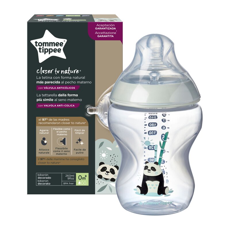 Biberon Tommee Tippee Closer to Nature, 260 ml, PP, Ursuleti Panda, 0 luni +, 1 buc