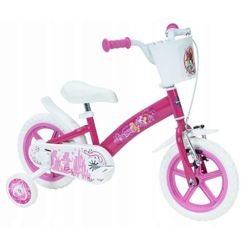 Bicicleta pentru copii, 12 inch, cu roti ajutatoare si cosulet frontal, sistem de franare frontal, huffy, disney princess, roz