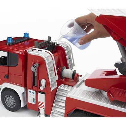 BRUDER - Masina de pompieri Camion Scania R-Series , Cu scara, Cu sirena, Cu pompa de apa
