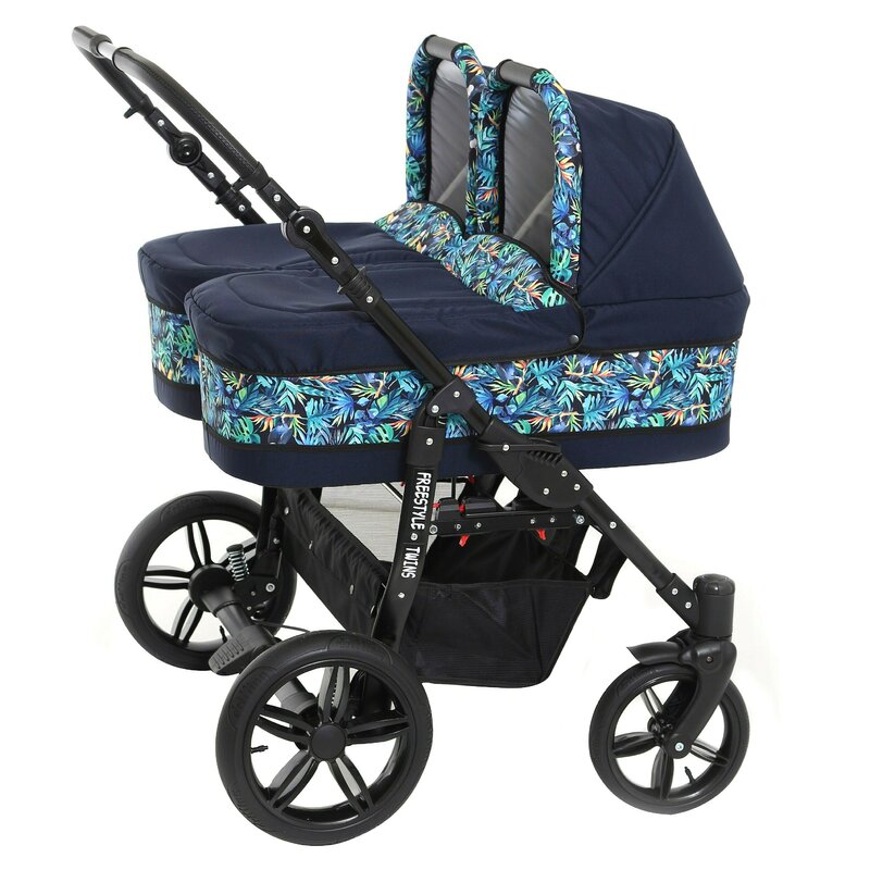 Pj Baby - Carucior copii gemeni 2 in 1 Side by Side PJ Stroller, Lovely Blue Leaves