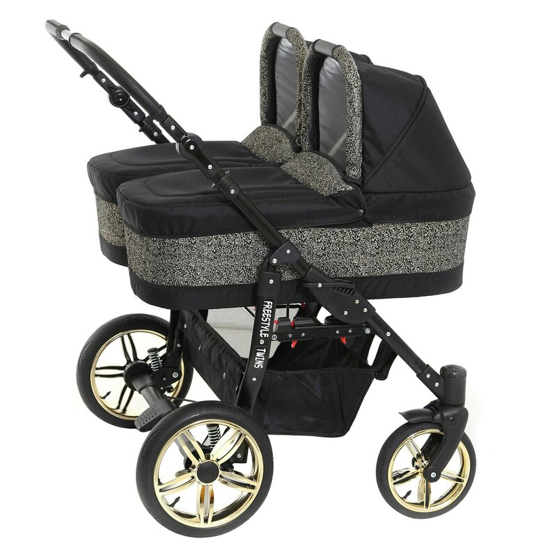 Pj Baby - Carucior copii gemeni 3 in 1 Side by Side PJ Stroller, Glitter Gold Triangle