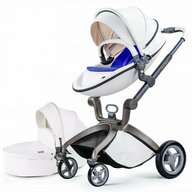 Hot mom - Carucior Copii  Premium 2 in 1 Alb, varsta intre 0 si 36 luni, compus din Cadru, Landou si Modul Sport, Pernita Albastra
