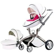 Hot mom - Carucior Copii  Premium 2 in 1 Alb, varsta intre 0 si 36 luni, compus din Cadru, Landou si Modul Sport, Pernita Roz