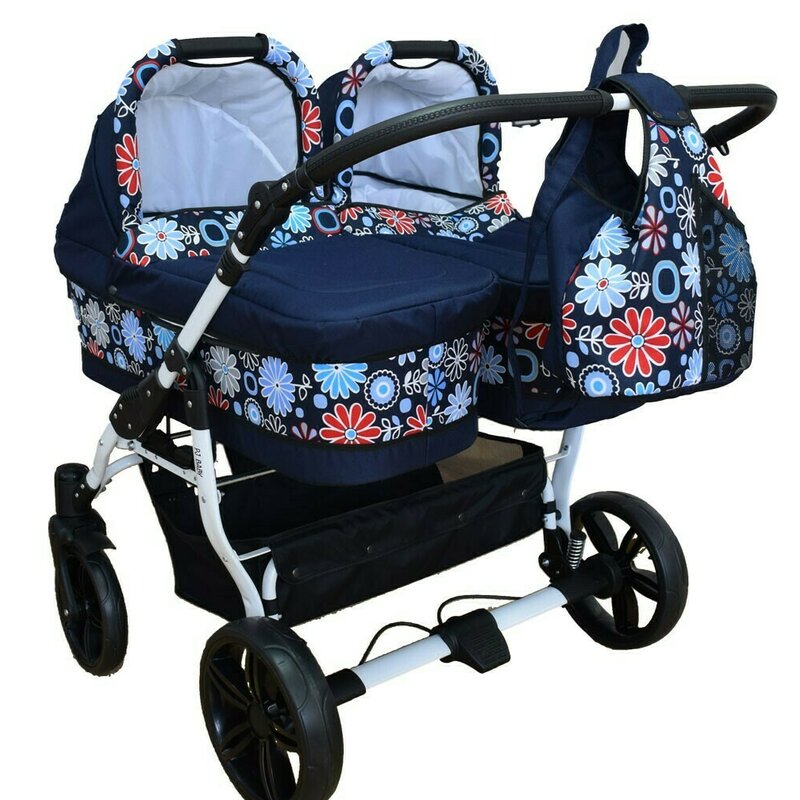 Pj Baby - Carucior copii gemeni side by side 3 in 1, PJ STROLLER, Flowers