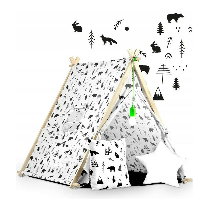 Casuta de joaca pentru copii, cu fereastra, buzunar 2 perne, lampa LED, 107 x 116 x 110 cm, Ricokids, Alba cu animale din padure