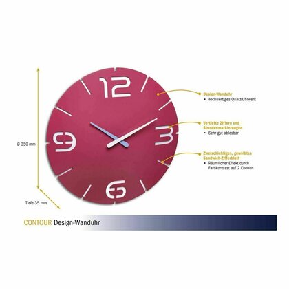 Tfa - Ceas de perete colorat, analog, creat de designer, model CONTOUR, roz,  60.3047.12