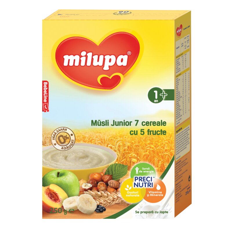 Milupa - Cereale fara lapte, Musli Jr 7 cereale cu 5 fructe, 250g, 12luni+