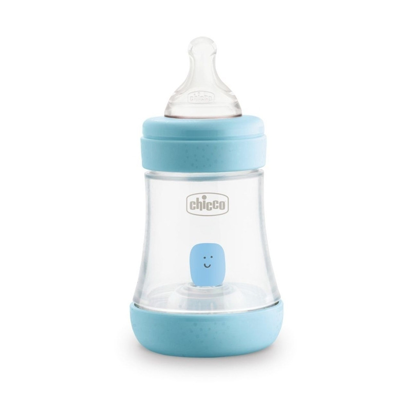 Chicco - biberon anti-colici, perfect 5, cu adaptare la aspiratia bebelusului, cu forma ergonomica, cu tetina moale, fara bpa, 150 ml, 0 luni+, albastru