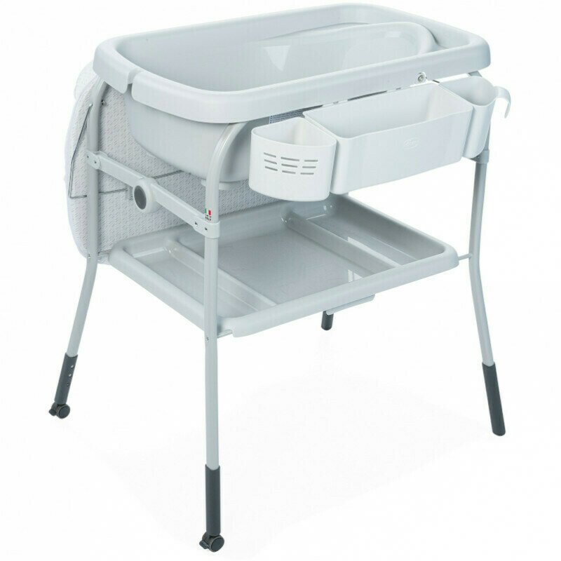 Chicco - cadita cu masa de infasat si roti, cuddle & bubble, dispune de o salteluta moale, detasabila, pliabila, cu roti, 0 luni+, gri dots
