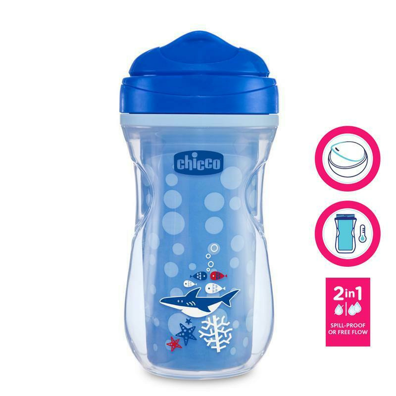Chicco - canuta termica, anticurgere, margine dura impotriva muscaturilor, model rechini, 266 ml, 14 luni+, fara bpa, albastru