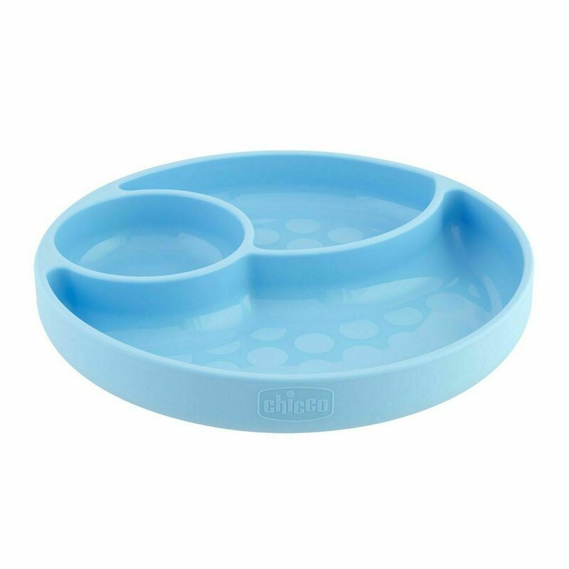 Chicco - farfurie din silicon, cu ventuza, divizata, 12 luni+, albastru