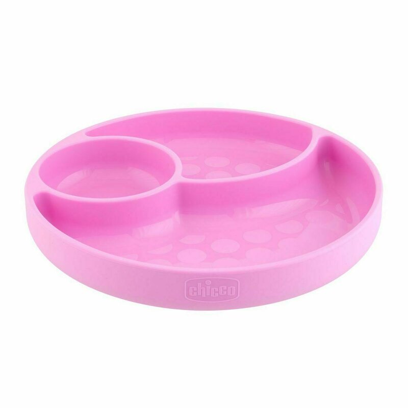 Chicco - farfurie din silicon, cu ventuza, divizata, 12 luni+, roz