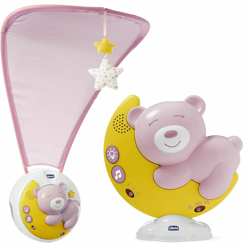 Chicco - Proiector pentru patut, Next2Moon, 3 in 1, Cu capotina, lumini si muzica, Roz