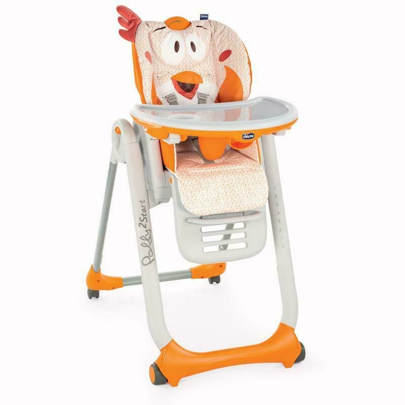 Chicco - scaun de masa polly 2 star chicken, cu roti, spatar ajustabil in 4 pozitii, inaltime si tavita reglabile, 8 pozitii sezut, portocaliu