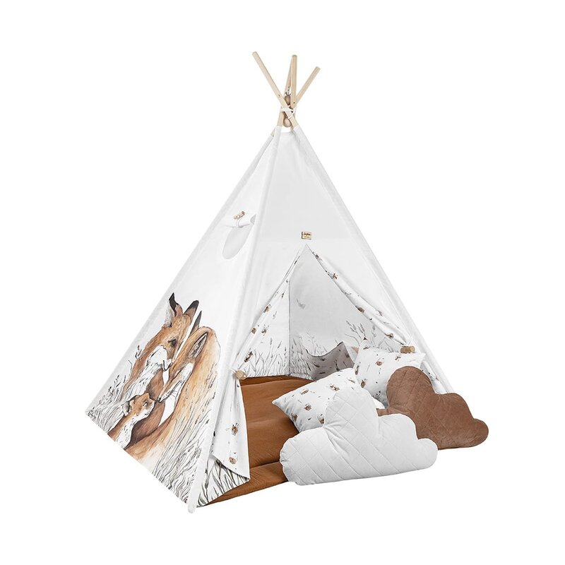 Babysteps - cort de joaca fox, saltea impermeabila inclusa, 4 perne, indian teepee din bumbac,