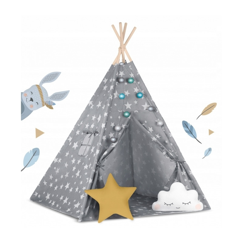 Cort de joaca pentru copii cu lumini si 2 pernite nukido 120 x 120 x 165 cm - gri cu stelute 