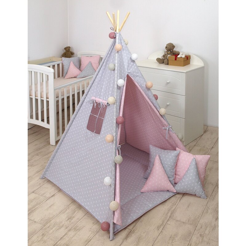 Amy - cort de joaca stars reversibil, cu saltea impermeabila inclusa, indian teepee din bumbac, roz gri