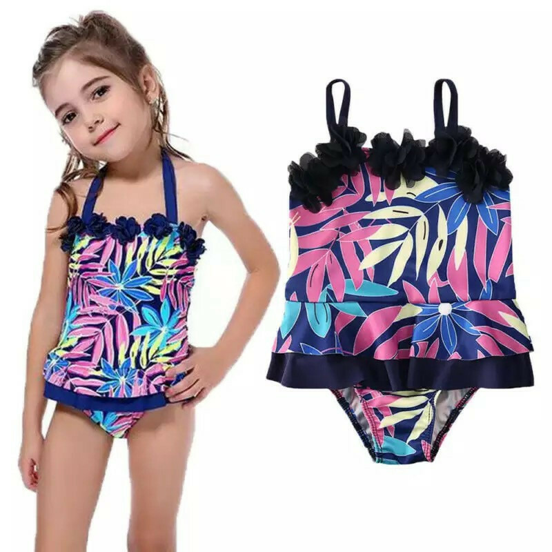 Costum de baie mov cu frunze si floricele aplicate (marime: 100)