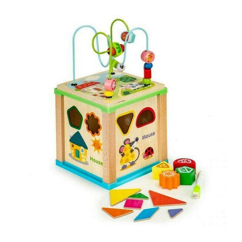 Ecotoys - Jucarie cu activitati Cub educational HM015470 Cu tabla din Lemn