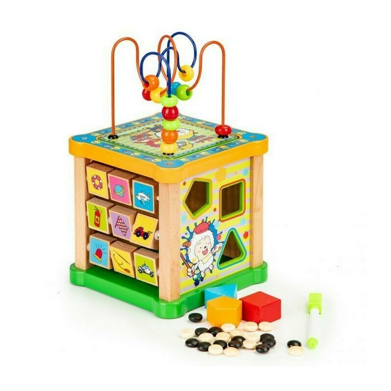 Ecotoys - jucarie cu activitati cub educational hm015473 cu tabla din lemn
