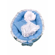 Deseda - Cuib baby nest bebelusi cu volanase  paturica si pernuta Albastru cu buline albe LUX