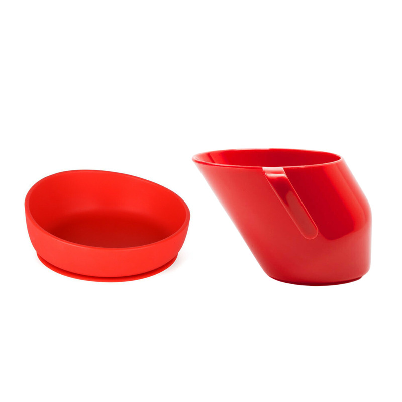 Doidy - set de hranire cu 2 piese, cana inclinata cu manere, fara bisfenol-a, ftalati si pvc si bol inclinat cu ventuza, din silicon, fara bpa. antialunecare, 3 luni+, rosu